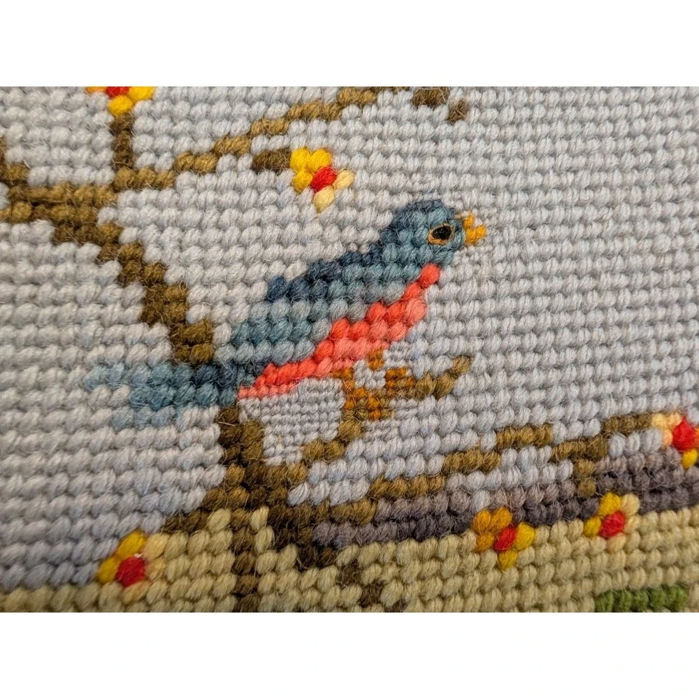 Vintage Needlepoint Framed Art Landscape Bird Cottage Gold Frame 11x10 Country